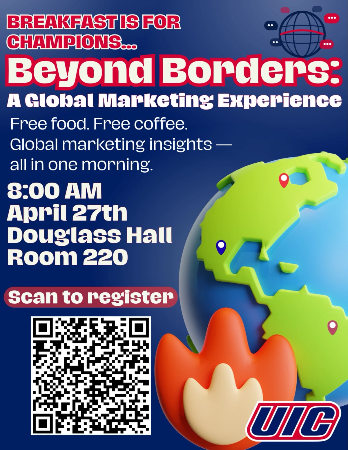 The Beyond Borders event flyer I designed: "Breakfast is for champions." Free food, free coffee, 8:00 AM, April 27th, Douglass Hall Room 220.